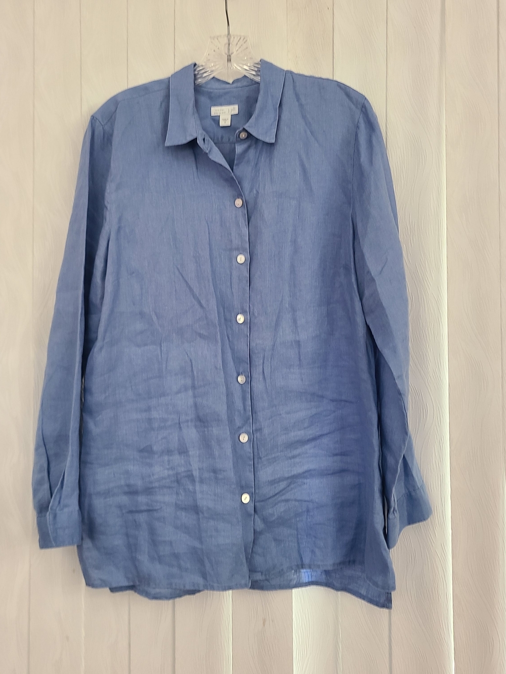 J Jill Love Linen Sz M Blue Button Up Office Work Coastal Essential Linen Shirt
